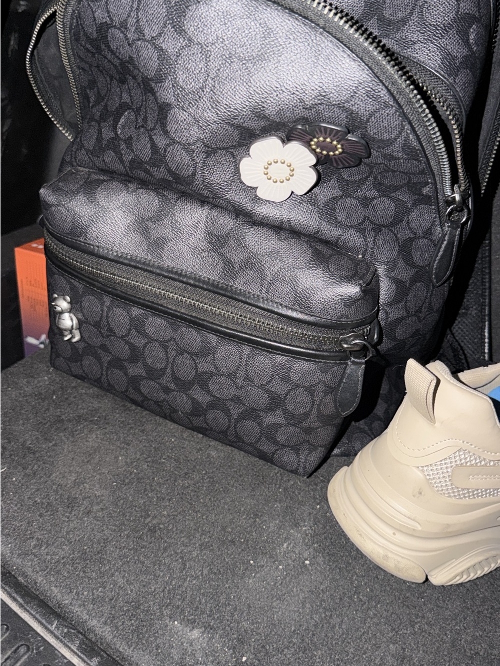 Coach Men’s Black Signature Canvas Backpack with Floral Accent